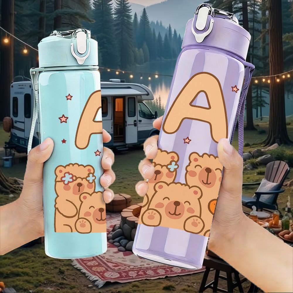 1PC Letter A Bear Couple Print 750ml Color Plastic Sports Water Bottle Leakproof Flip Straw Lid Suitable for Sports Office Home Use
