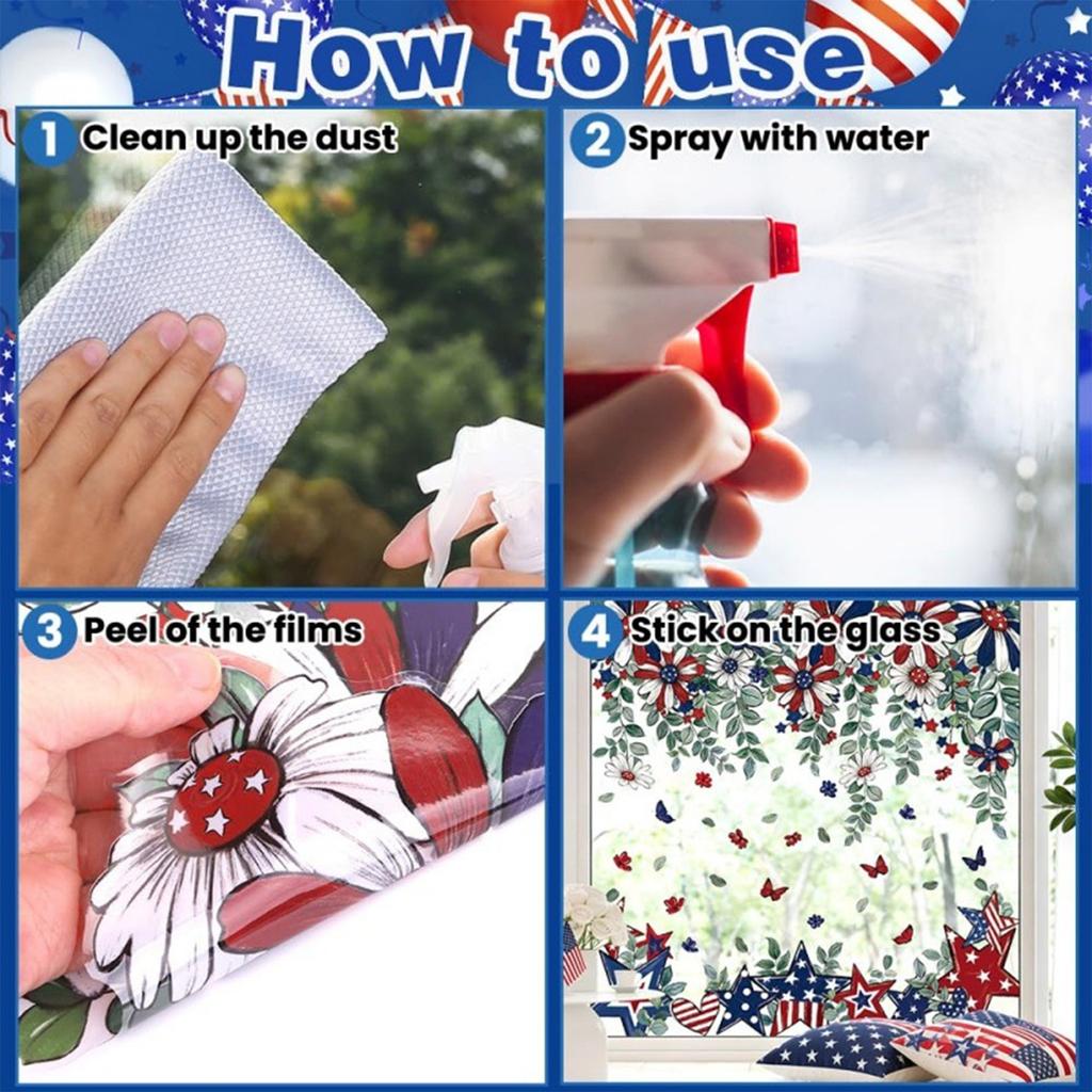 8 Sheets Patriotic Window Clings, Window Stickers Star Flower Butterfly Hanging Vine Floral Window Decals For Independence Day