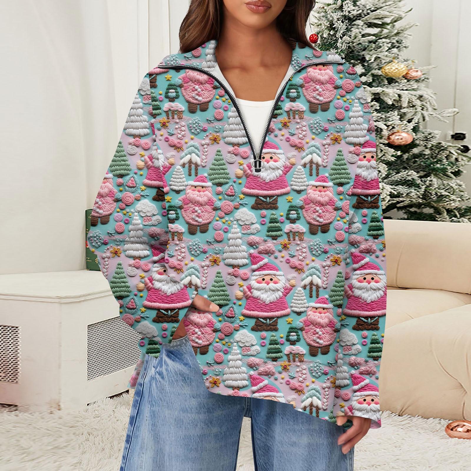 Женская повседневная полумолния с лацканами и рождественским принтом — фото 11