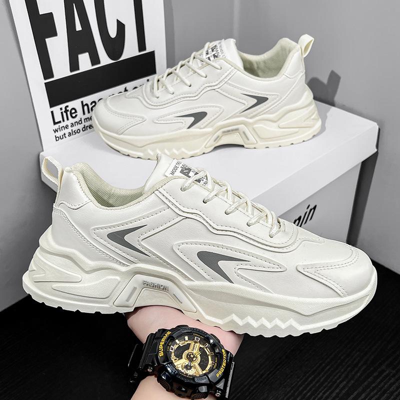 Men's Shoes Spring Trendy Brand Versatile Student Casual Leather Surface Sports Running Thick Sole Heightening Little White Dad Trendy Shoes Non-slip