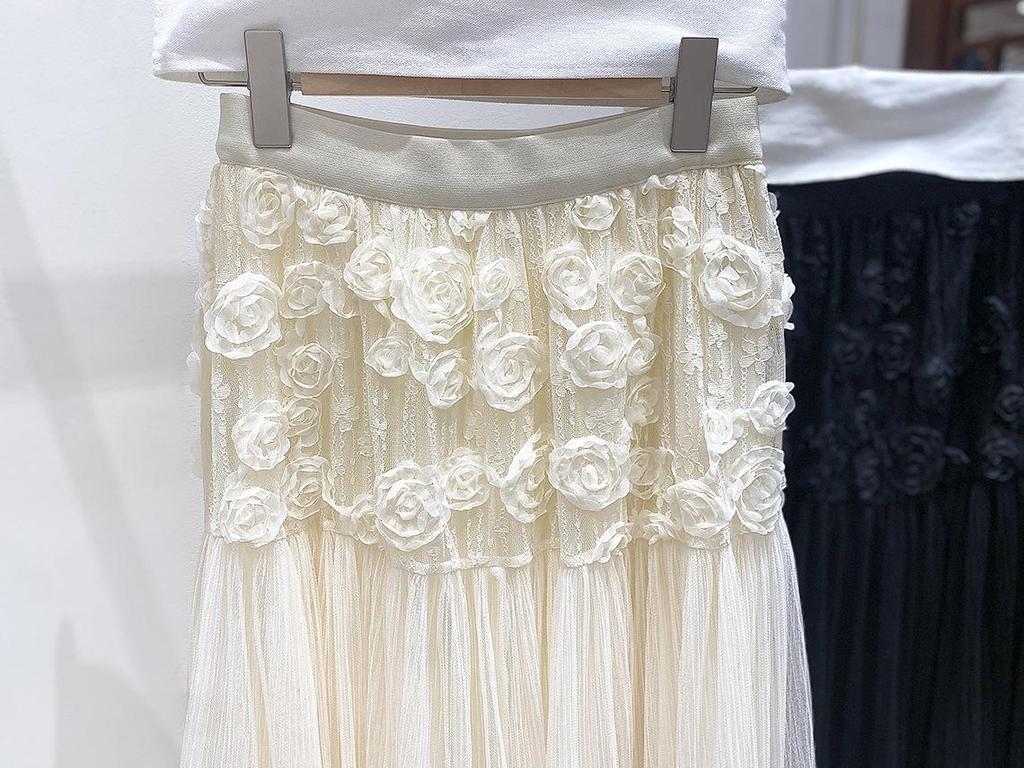 Zhi Hetang - Women's Elegant High-Waisted A-Line Floral Lace Mesh Skirt