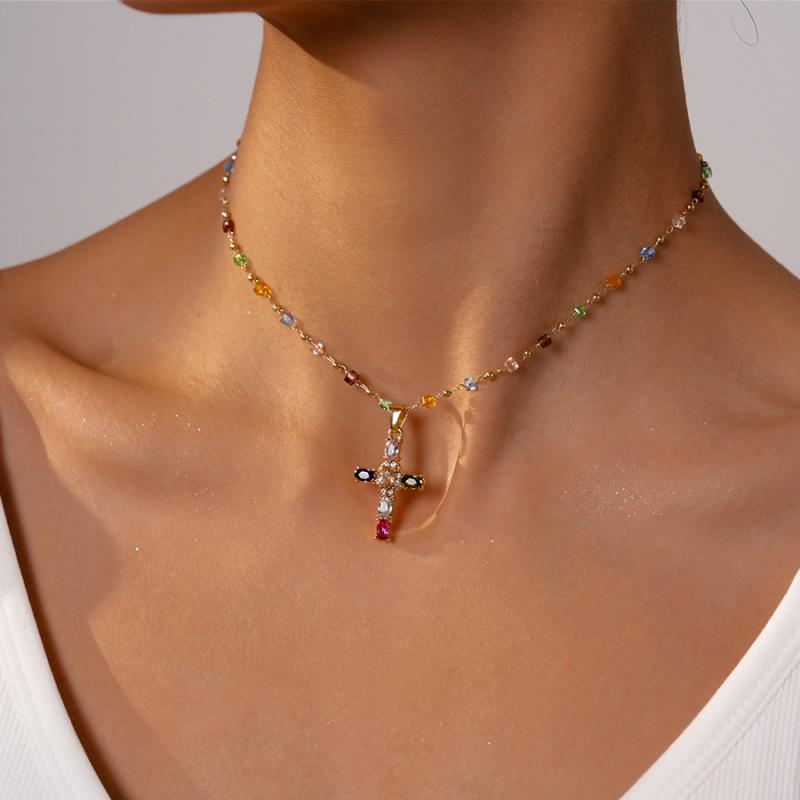 Y2K Colorful Zircon Cross Pendant Necklace for Women Fashion Candy Color Beads Crystal Chain Necklace Luxury Wedding Jewelry