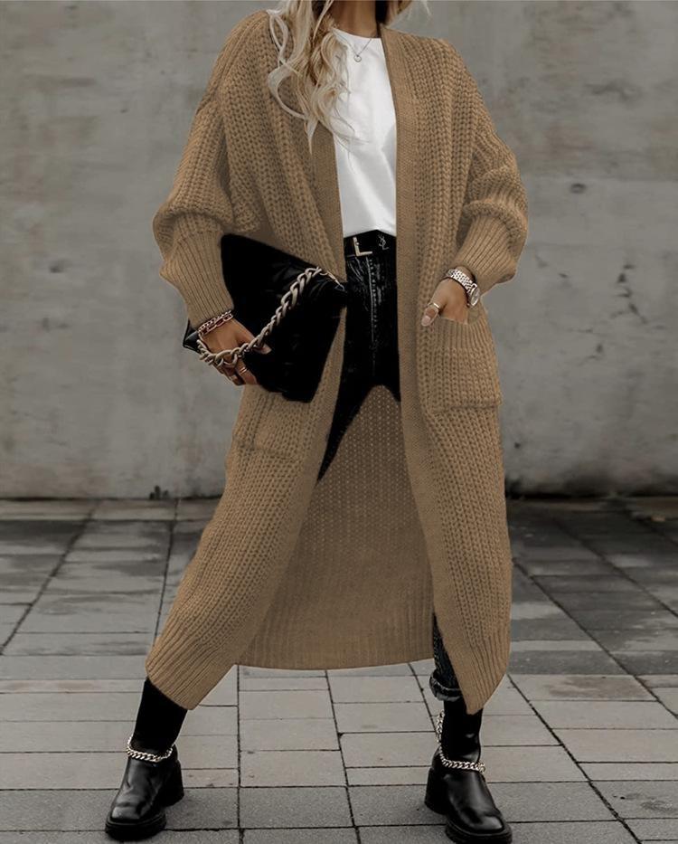 Women Knitted Cardigan Loose Fit Large Pockets European American Style Autumn Winter Fashion Cross Border Trade