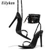 Fashion Eilyken Transparent Crystal Rhinestone Women Sandals Ankle Lace-up Square Toe Wedding Party High Heels Female Shoes