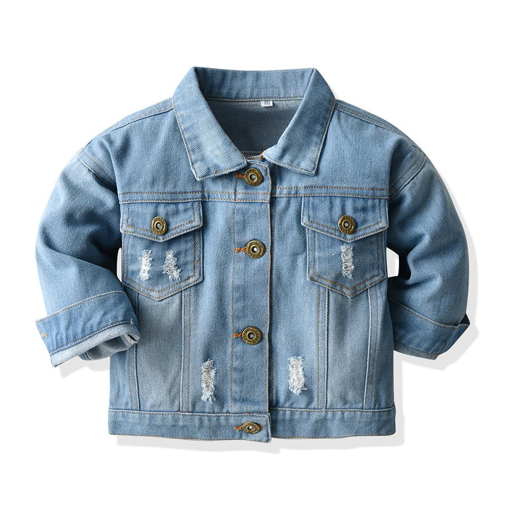Autumn Unisex Short Denim Jacket Korean Style  Baby Vintage Turn-down Collar Ripped Denim Long Sleeve Top Trendy Style