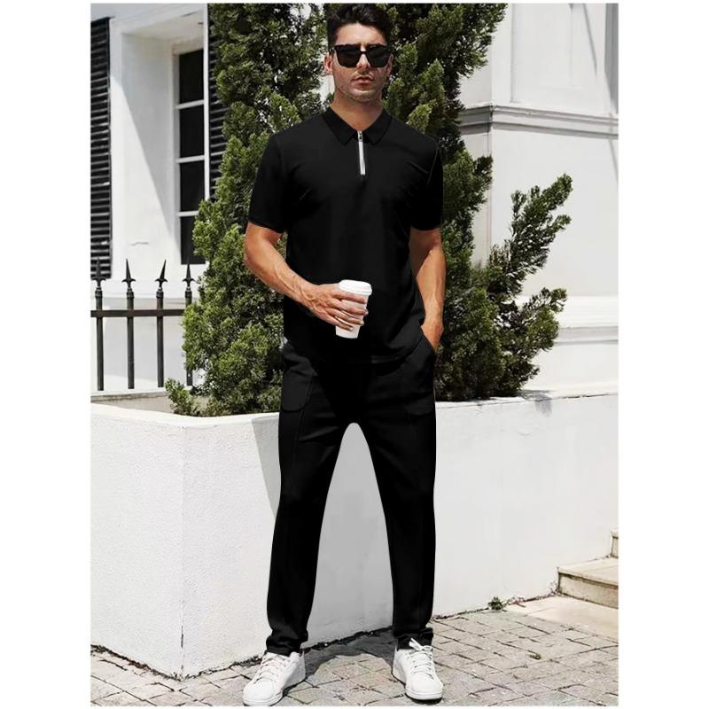 Herren Lässiges Zweiteiliges Outfit Reißverschluss Kurzarm Poloshirt und Lange Hosen Set