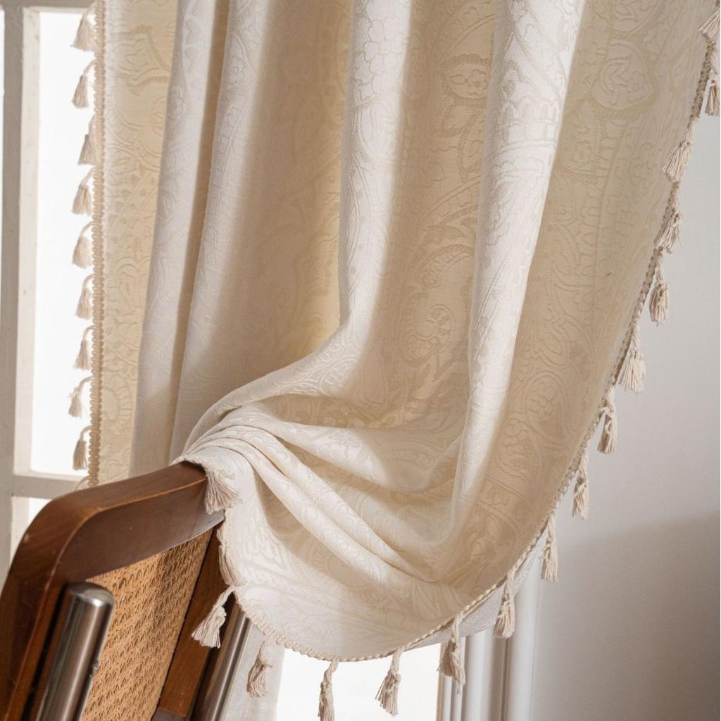 French curtains retro style jacquard solid color beige small fresh curtains finished tassel semi-shading