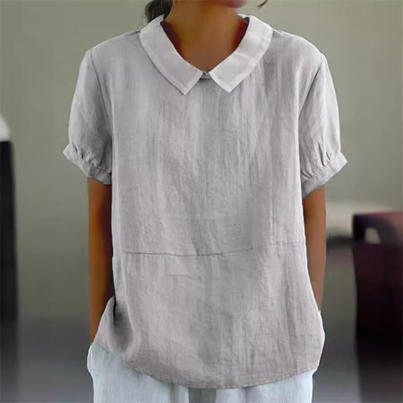 Women Summer Short Sleeve Blouse Solid Color Cotton Linen Lapel Pullover Shirt Female Comfortable Casual Simple Style Tops