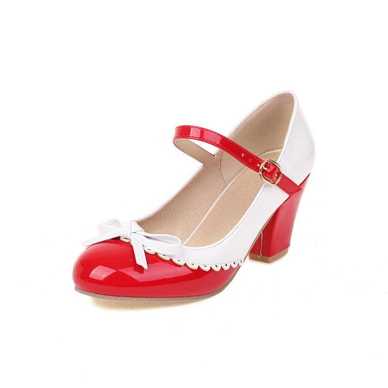 Size 32-48 Girls High Heel Lolita Shoes Woman Patent Leather Cute Bow Mary Jane Pumps Bride Wedding Party Shoes Red Pink Black
