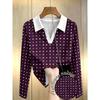 Plus Size, Navy Blue Polo Shirt for Women with White Polka Dot Print, New Spring/Autumn Slim Fit V-Neck Base Layer Top
