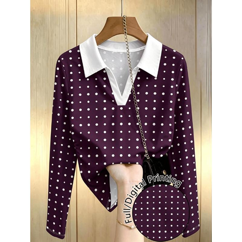 Plus Size, Navy Blue Polo Shirt for Women with White Polka Dot Print, New Spring/Autumn Slim Fit V-Neck Base Layer Top