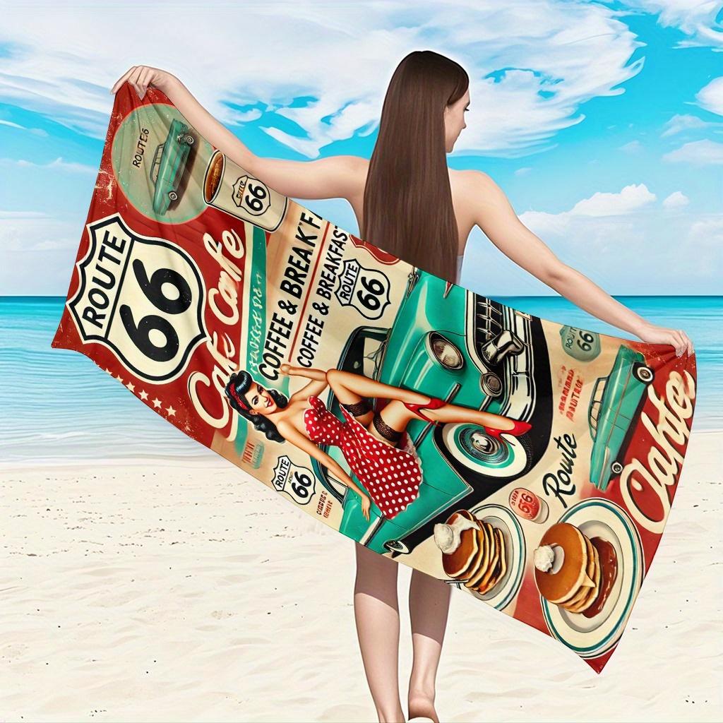 Telo da Spiaggia Mulino a Vento Route 66, Design Artistico Auto d'Epoca e Caffè, Asciugatura Rapida Senza Sabbia, per Spiaggia e Picnic
