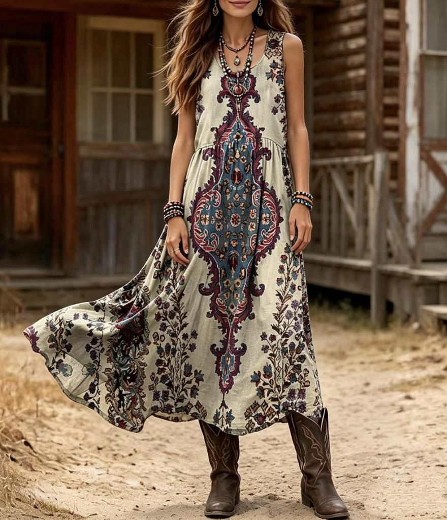 Summer 2026 Retro Bohemian V-Neck Sleeveless Dress