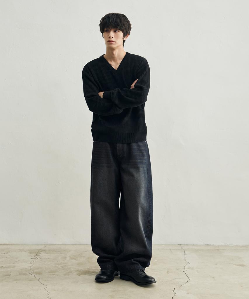 ROTEMBER Ribbed V-Neck Crop Knit [Black]