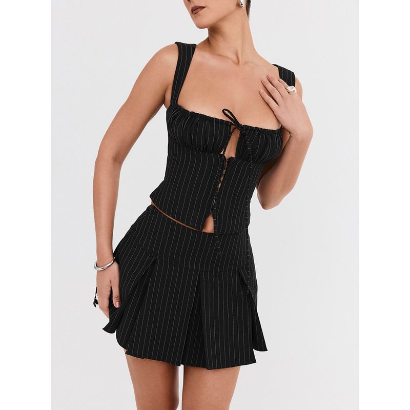 Hold Delicate Feeling House Same Style Sweet Cool Stripes Lace-up Waist-Controlled Small Sling Pleated A- line Skirt Suit