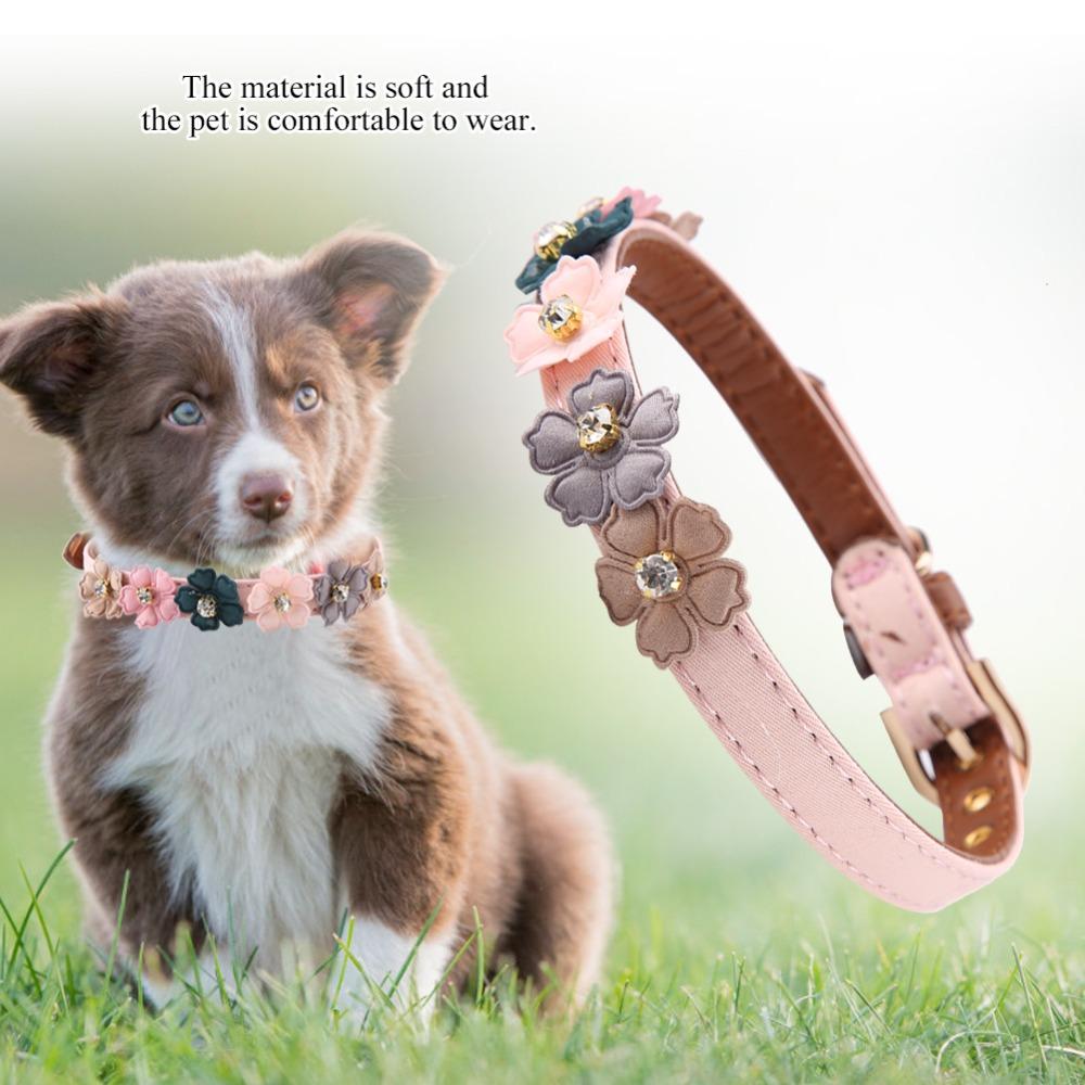PU Leather Rhinestone Pet Neck Strap Rhinestone Decor Flower Ornament Flower Dog Neck Strap Soft Touch Adjustable