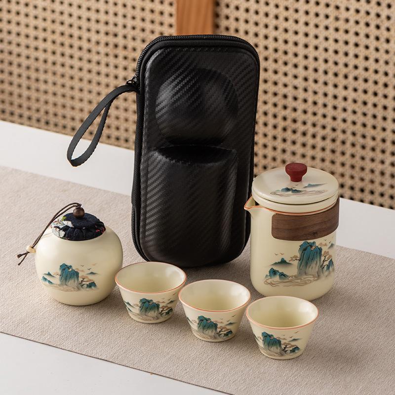 Ru Kiln Outdoor Travel Kung Fu Tea Set Gift Box Set High-end Guochao Merchandise Tea Cup Business Gift