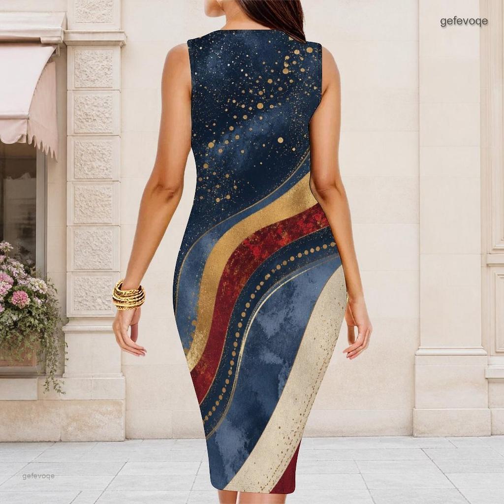 Women Plus Size Round Neck Sleeveless Printed Bodycon Midi Dress