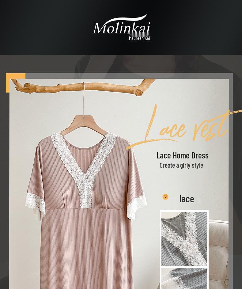 Lace Home Dress with Chest Pads, Women's Lazy Style Summer Nightgown, Sexy Loose Fit, Outdoor Wearable, Girly Flair