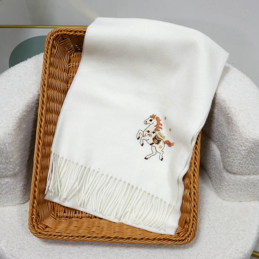 New Year's Embroidered Wool Scarf for Autumn and Winter Thickened Warm Scarf With Tassel