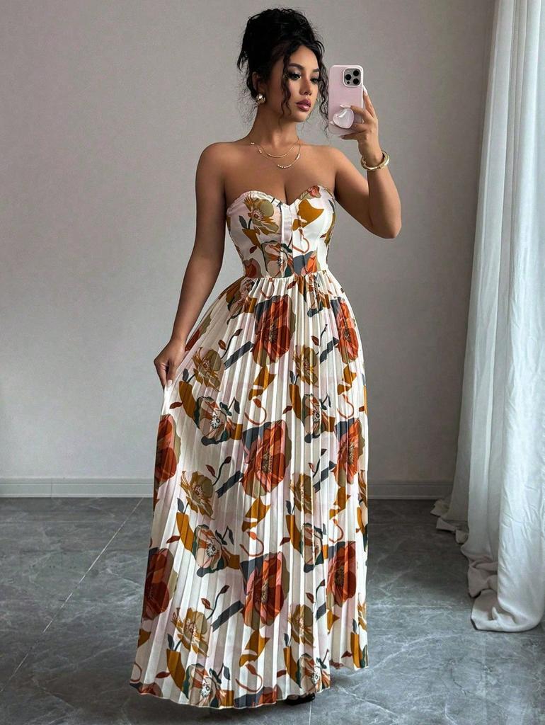 European and American women's clothing women's elegant tube top print dress pleated skirt slim dress