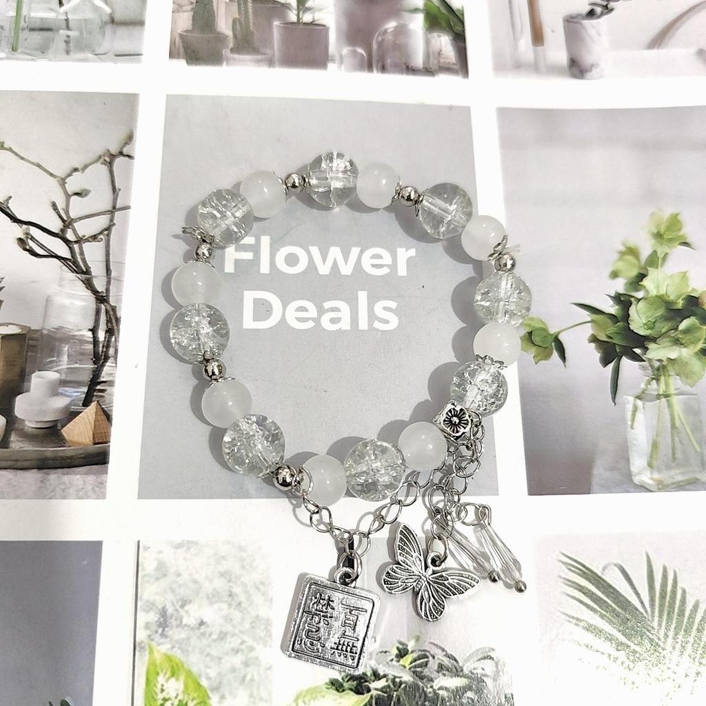 Forest Butterfly Glass Bracelet with Ice-Cracked Flower Beads