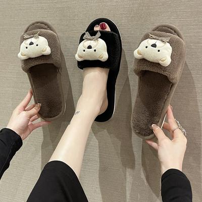 Cotton Slippers, Hairy Slippers, Women's Indoor Home, Autumn and Winter Short Plush Flat Bottom Indoor Home, Anti-skid Slippers