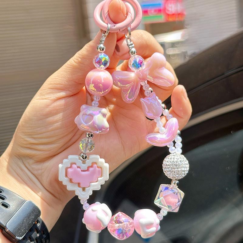 Pasek na telefon komórkowy zapobiegający zgubieniu, łańcuszek na nadgarstek, klocki, miłość, kokarda, koralikowany wisiorek, breloczek, zawieszka do torby, dekoracja