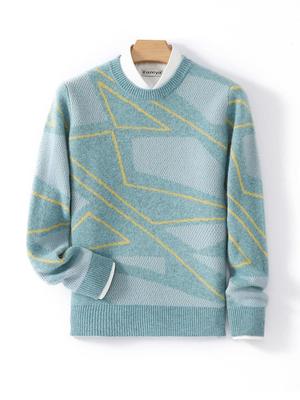 Men's 100% Pure Wool Color Block Round Neck Thick Knit Sweater - Loose Fit, Casual Winter Wear