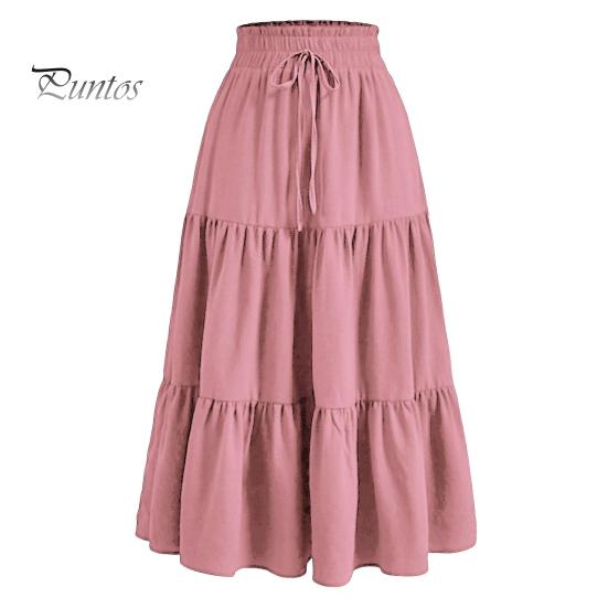Stil boem fustă de vară pentru femei, talie înaltă elastică, cu cordon reglabil, culoare solidă, linie A