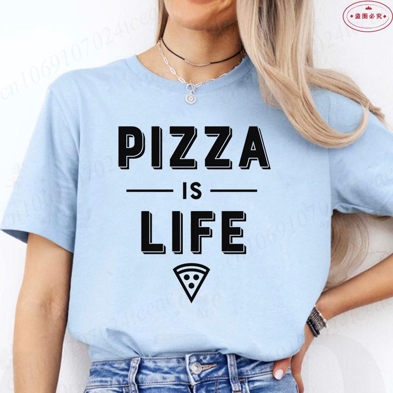 Women's Pizza Lover T-Shirt, 'Pizza Is Life' Retro Block Text Print Tee, Harajuku Short Sleeve O Neck Tops Aesthetic Clothing