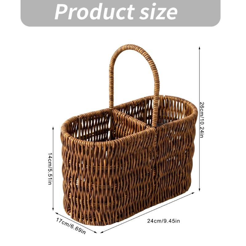 Portable Tableware Basket with Top Handle, Artificial Wicker PE Flatware Holder for Dining Table Service, Counter Storage, and Outdoor Meals