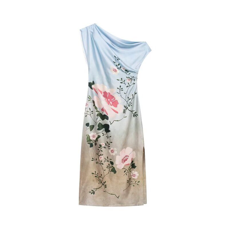 Fashion Style 2024 Autumn New Female Flower Print Silk Satin High-Quality Contrast-Colored Long Dress 8828186