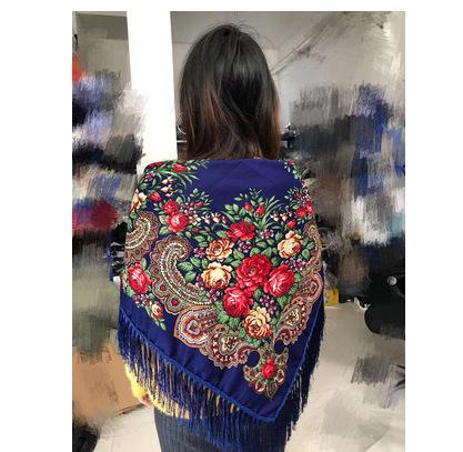 JiyunD Tradition Winter Keep Warm Russia Printing Women with Tassels Shawl Large Handkerchief Flower Scarf