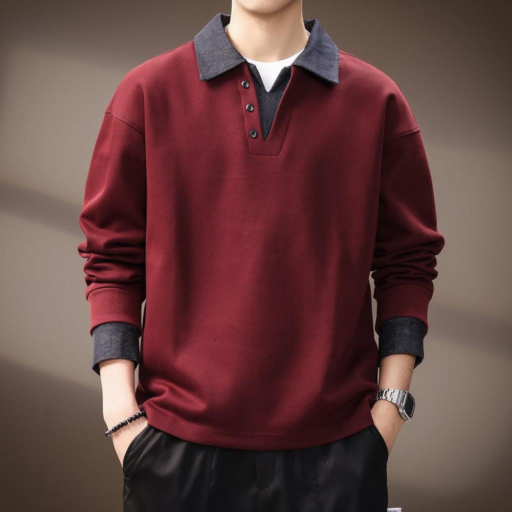 Men's Retro Heavyweight Denim Polo Hoodie with Color Block Patchwork and Plus Velvet for Autumn