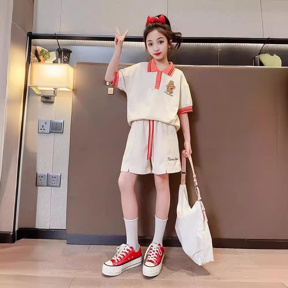 Flickors Sommar 2024 Casual Pikétröja & Shorts Set - Kortärmad, Tvådelad för Barn