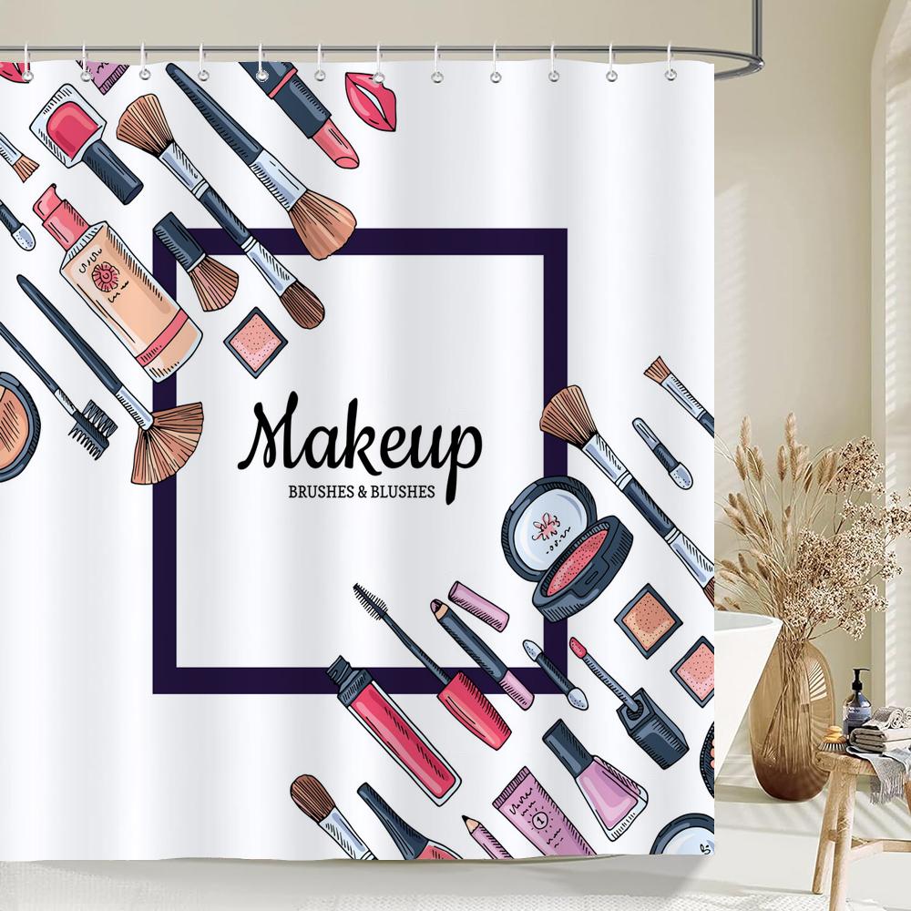 Sexy Red Lips Pink Print High Heel Shower Curtain Cosmetic Perfume Pink Girl Bedroom Decor Curtains Waterproof Bathroom Curtain