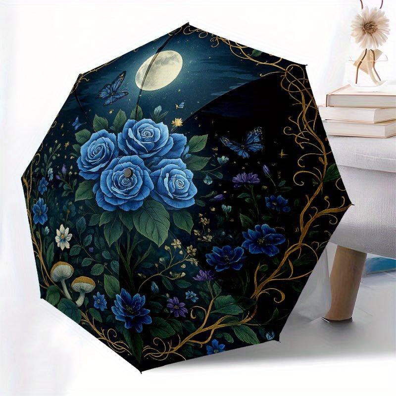 Blauer Rosengarten Mondlicht Fantasie Wandkunst DruckRegenschirm mit süßem Design, Tragbarer 3-fach Kompaktregenschirm für Männer & Frauen, Valentinstag Muttertag