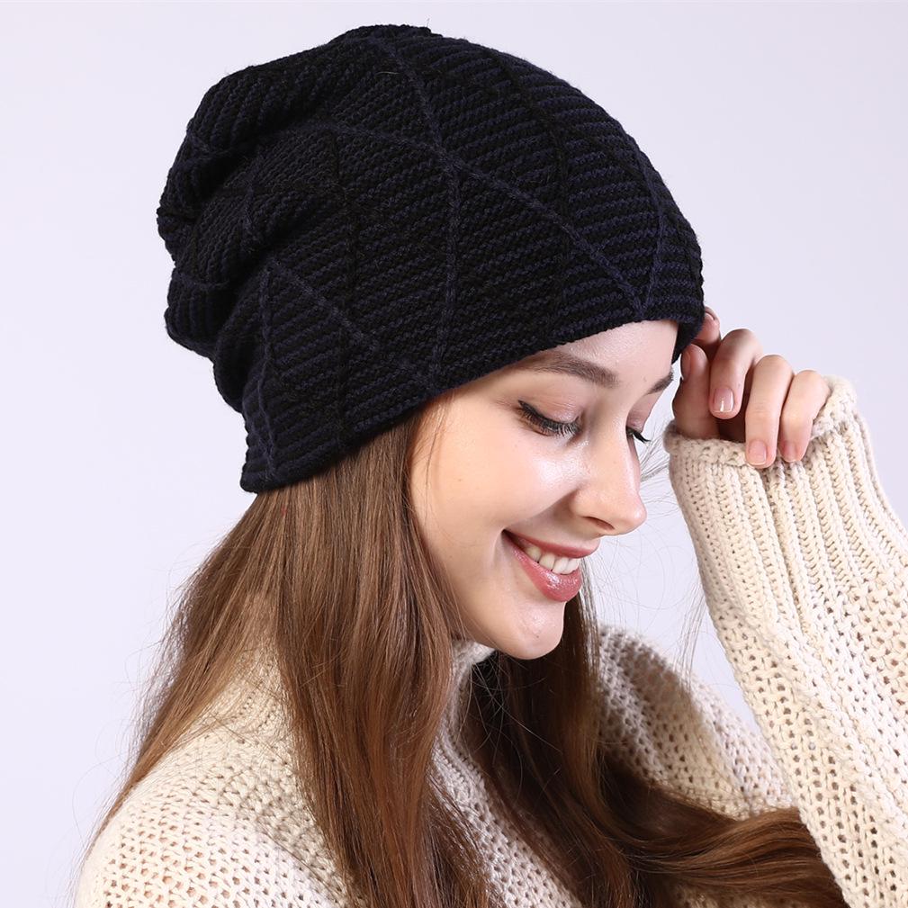 Autumn and Winter Warm Knitted Ear Protection Pile Up Hats Diamond Grid Mixed Color Pullover Caps Women's Fleece - Lined Hats