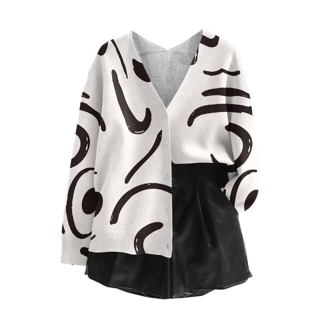 Women's V Neck Top Printing Thickened Plush Cashmere Warm Long Top