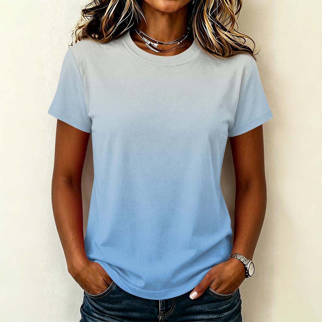 Women's Casual Pullover T-Shirt Short Sleeve Crew Neck Gradient Color Top Lightweight Soft Fabric Summer Wear