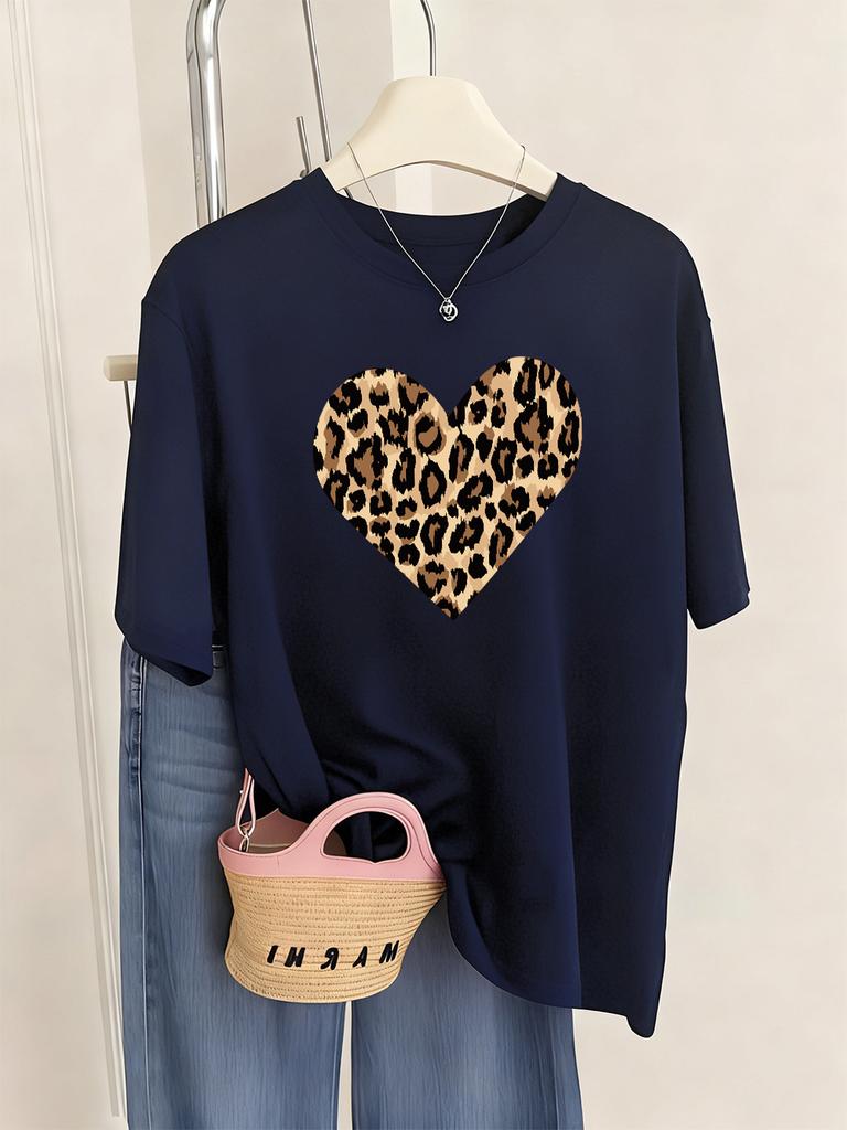 Leopard Heart Shape Printing TShirt Womens Basics Comfortable T Shirts Loose ONeck Short Sleeve Tops Summer Soft Woman Clothes