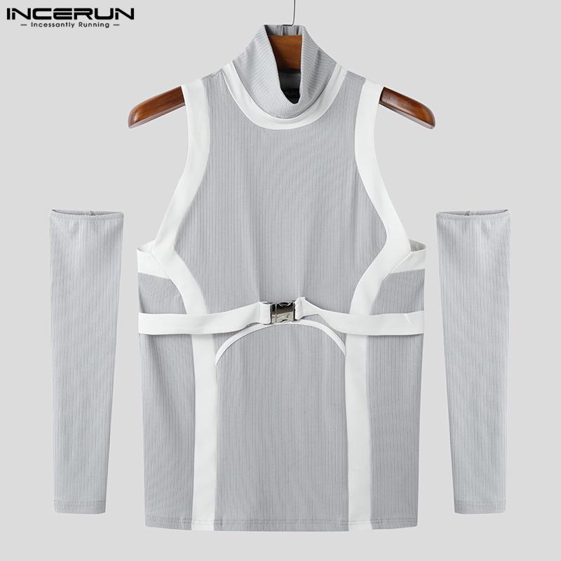 INCERUN Men Turtleneck Stitching Oversleeve Rib Casual Fitted Tank Tops