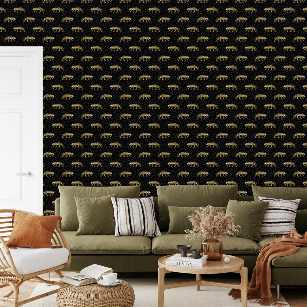 Black and Gold Tropical Pattern Wallpaper, Black, Ochre Center, 50x1000