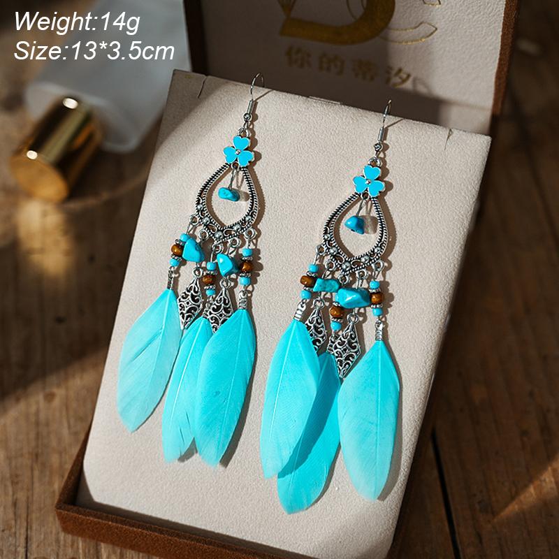 Blue Fashion Boho Temperament Water Drop Feather Earrings for Women Long Crystal Rhinestone Drop Oil Dangle Earring Jewelry