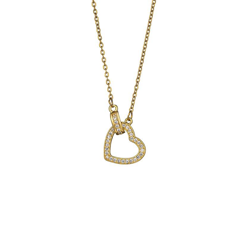 Korean Japanese Style Rhinestone Heart Double Ring Titanium Steel Clavicle Necklace For Women