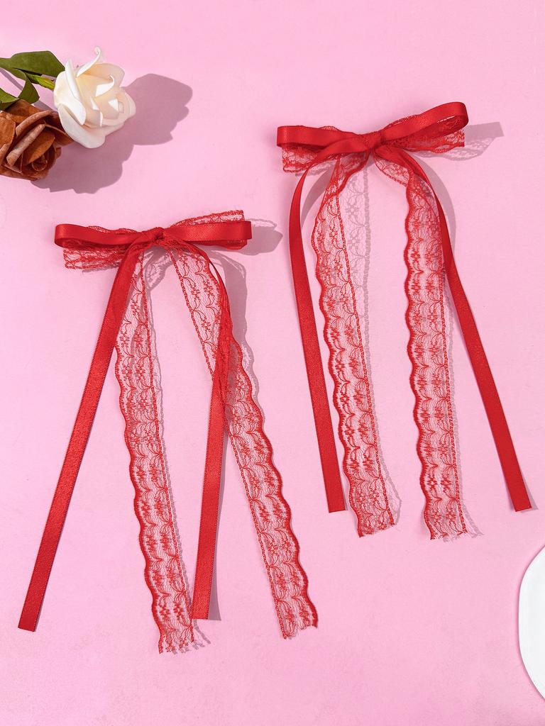 2pcs Ballet Style Lace Bow Ribbon Hair Clip, Sweet Girl's Double Ponytail Hair Clip, Sweet and Cool Style Hair Accessory