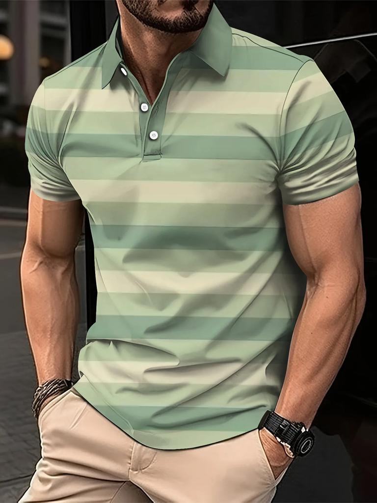 Men's Summer Short Clothes Sleeved Lapel 3D Digital Printed Striped Polo Shirt Men's Fashion Business Casual Top Clothes