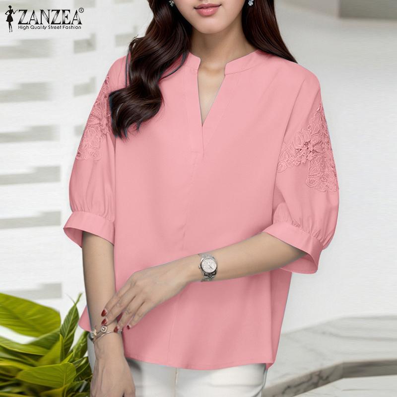 ZANZEA Bluză casual de damă cu gât în V, cu broderie patchwork și mâneci scurte