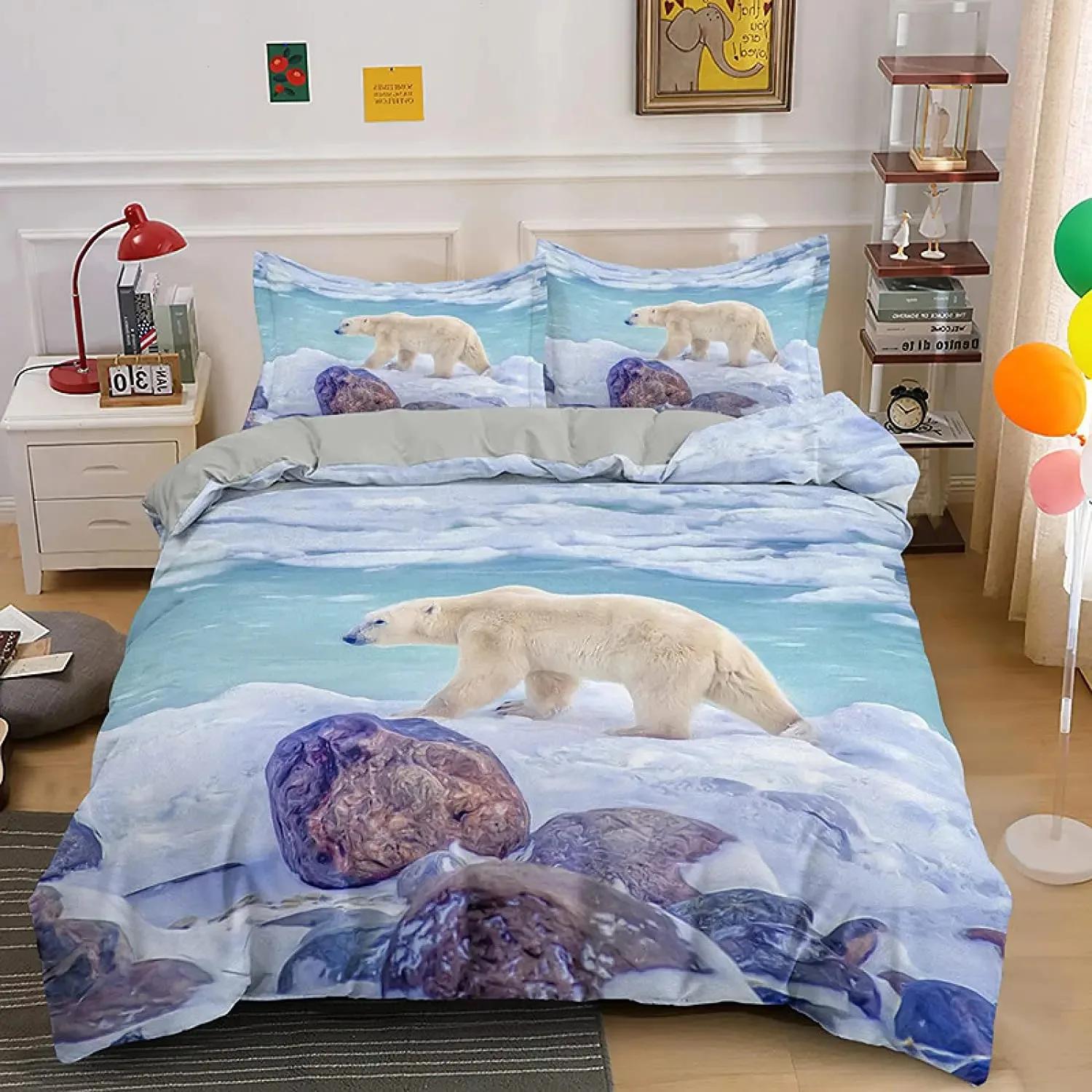

Polar Bear Duvet Cover Set King Queen Full Size Polyester Comforter Cover for Kids Boys Girls Wild Animals Pattern Bedding Set 70x133cm